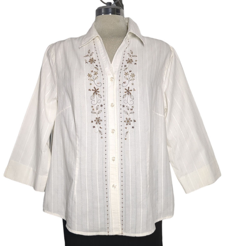 ALFRED DUNNER White Embroidered 3/4 sleeves Blouse Size 16